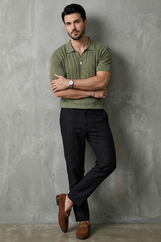 T-shirt homme kaki à col polo ouvert mercerisé