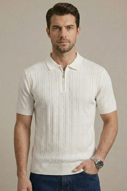 Merserize Fermuarlı Erkek T-shirt Beyaz