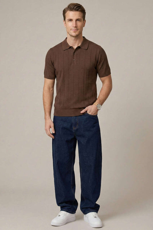 Mercerized Front Button Men's T-shirt Brown