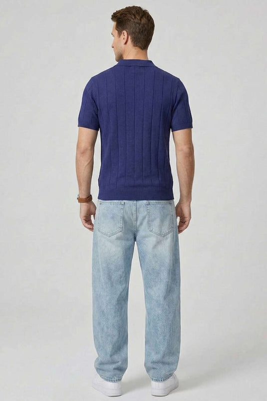 Mercerized Front-Button Men's T-shirt Navy Blue
