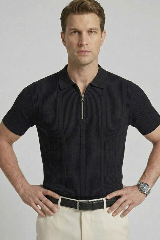 Mercerized Polo Collar Men's T-shirt Black