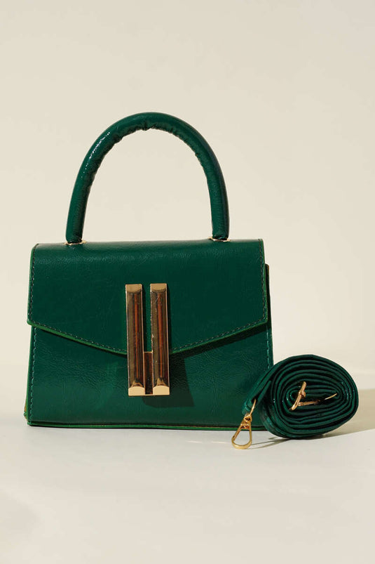 Square Bag with Metal Emblem Detail, Emerald