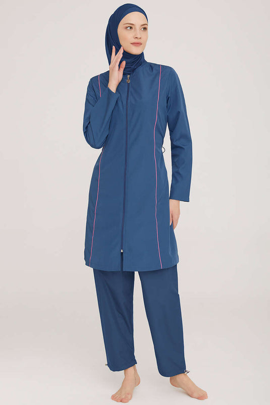 Metal Badge Zippered Modest Swimsuit Dark Navy