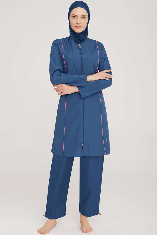 Metal Badge Zippered Modest Swimsuit Dark Navy