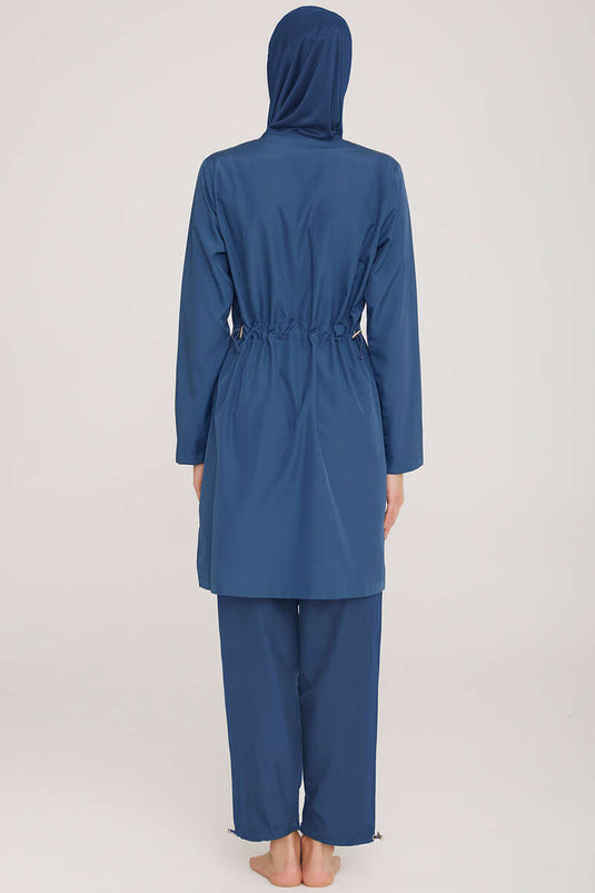 Metal Badge Zippered Modest Swimsuit Dark Navy