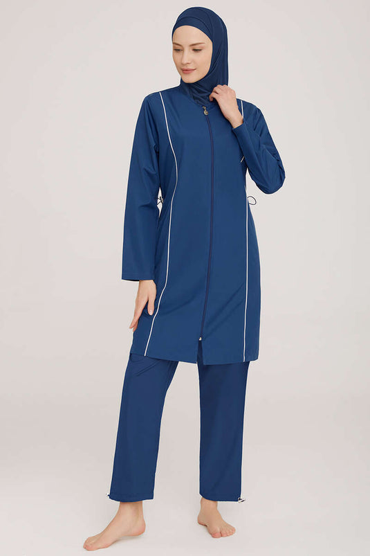 Metal Armalı Fermuarlı Tesettür Mayo Koyu Lacivert