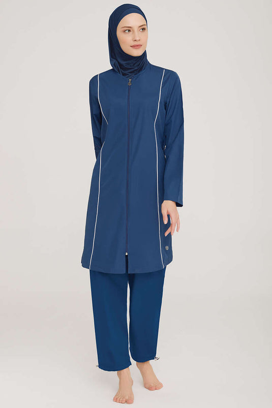 Metal Armalı Fermuarlı Tesettür Mayo Koyu Lacivert