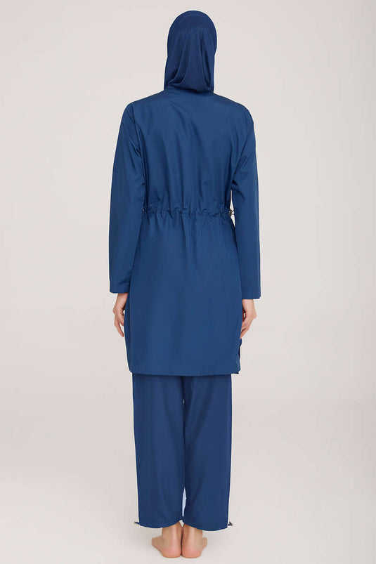 Maillot De Bain Hijab Zippé Brodé En Métal Bleu Marine Foncé