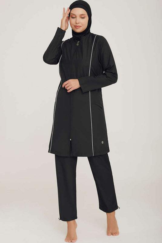 Metal Emblem Zippered Modest Swimsuit Black