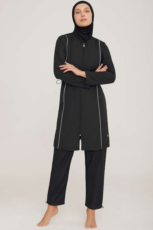 Metal Emblem Zippered Modest Swimsuit Black