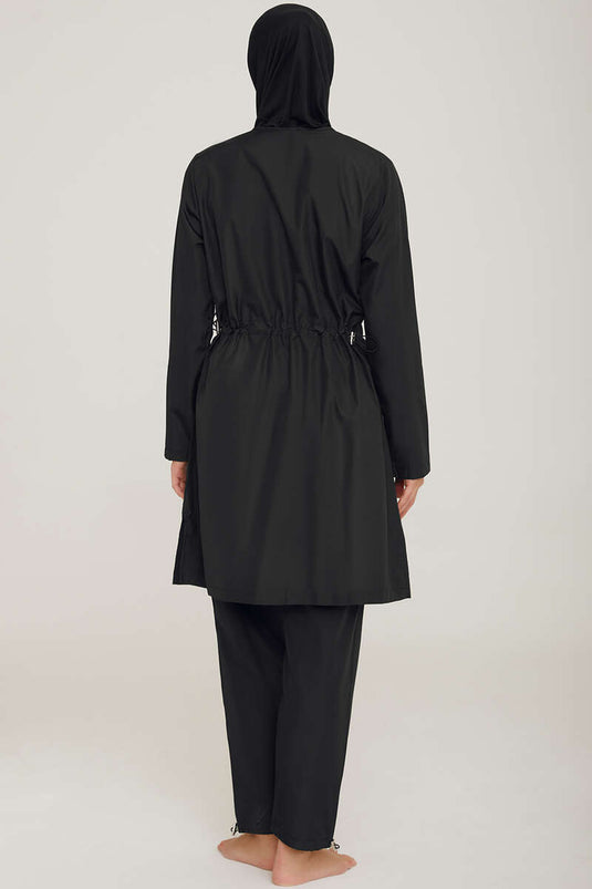 Metal Emblem Zippered Modest Swimsuit Black