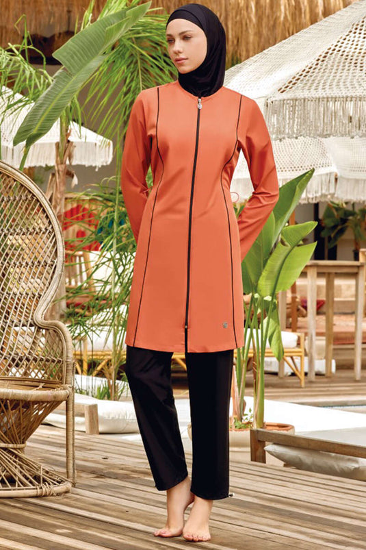 Metal Emblem Zippered Modest Swimsuit Cinnamon