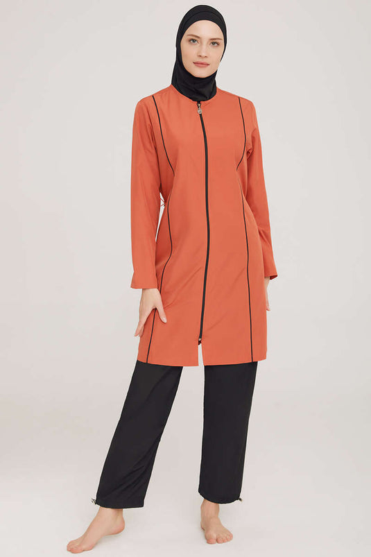 Metal Emblem Zippered Modest Swimsuit Cinnamon