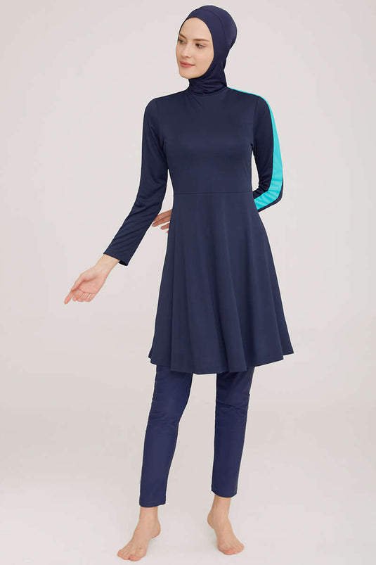 Metal Emblem Stretchy Modest Swimsuit Dark Navy