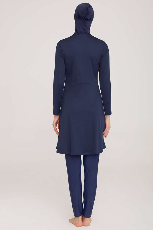 Metal Emblem Stretchy Modest Swimsuit Dark Navy