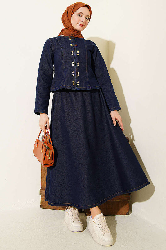 Metal Snap Button Skirt Two-Piece Denim Set