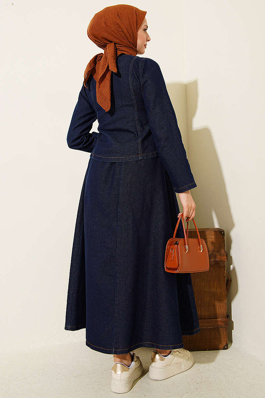 Metal Snap Button Skirt Two-Piece Denim Set