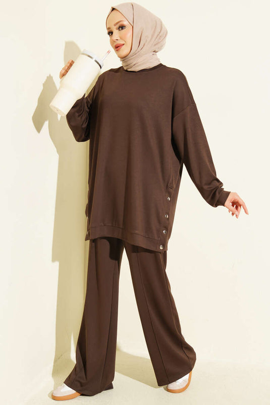 Metal Snap Button Basic Two-Piece Set In Coffee