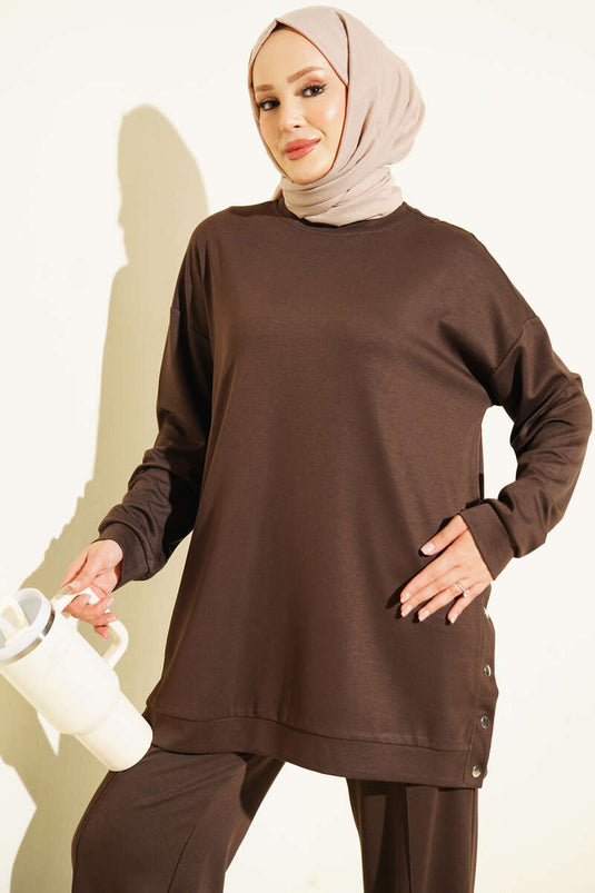 Metal Snap Button Basic Two-Piece Set In Coffee