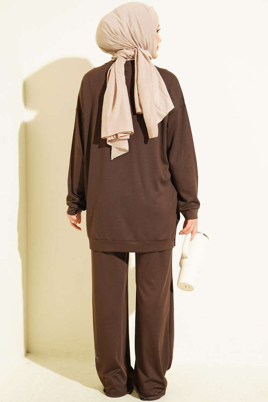 Metal Snap Button Basic Two-Piece Set In Coffee