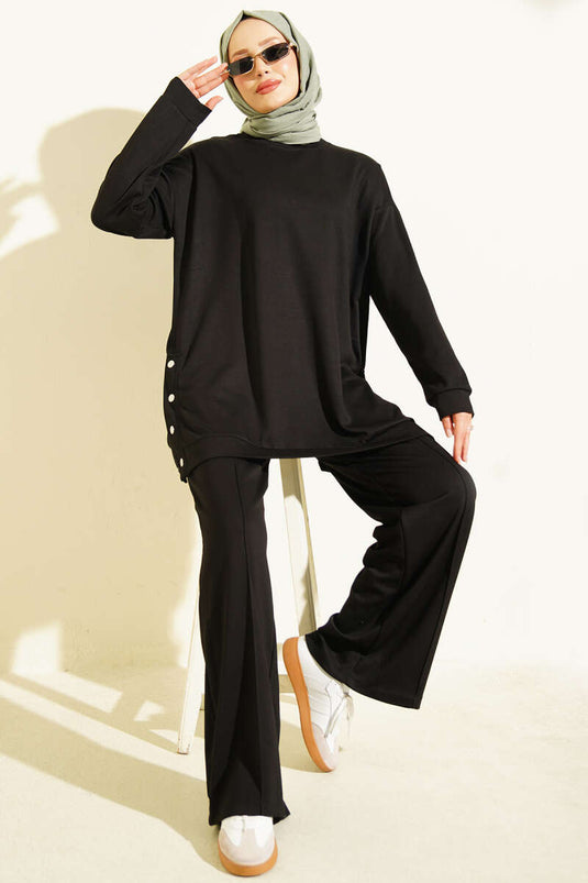 Metal Snap Button Basic Two-Piece Set Black