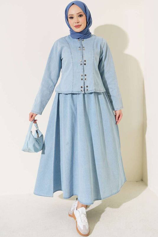Completo Gonna Con Bottoni A Pressione In Blu Chiaro