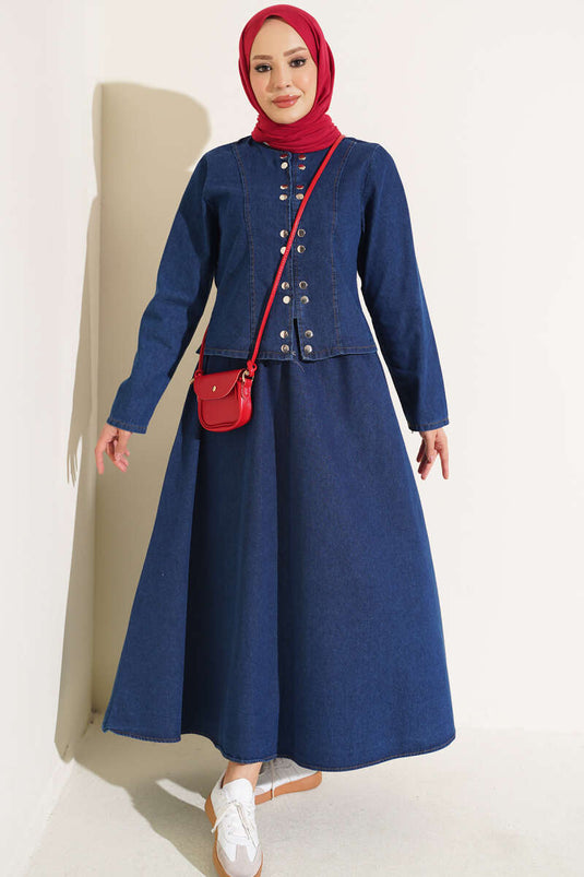Ensemble Deux Pièces Bleu Avec Boutons Métal Et Jupe