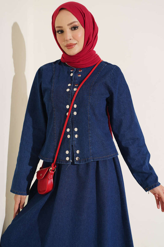 Ensemble Deux Pièces Bleu Avec Boutons Métal Et Jupe