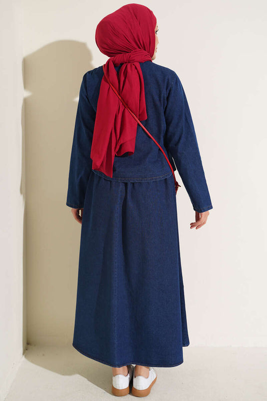 Ensemble Deux Pièces Bleu Avec Boutons Métal Et Jupe