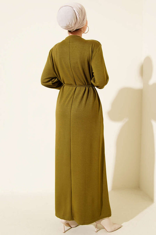 فستان برباط أمامي مزين بأزرار معدنية، لون أخضر زيتوني