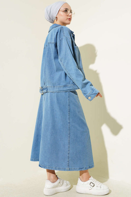 Metal Buttoned Jacket and Skirt Denim Suit Blue