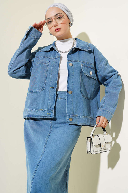 Metal Buttoned Jacket and Skirt Denim Suit Blue