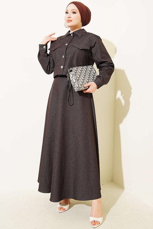 Denim Pinafore Set with Metal Button Jacket Brown