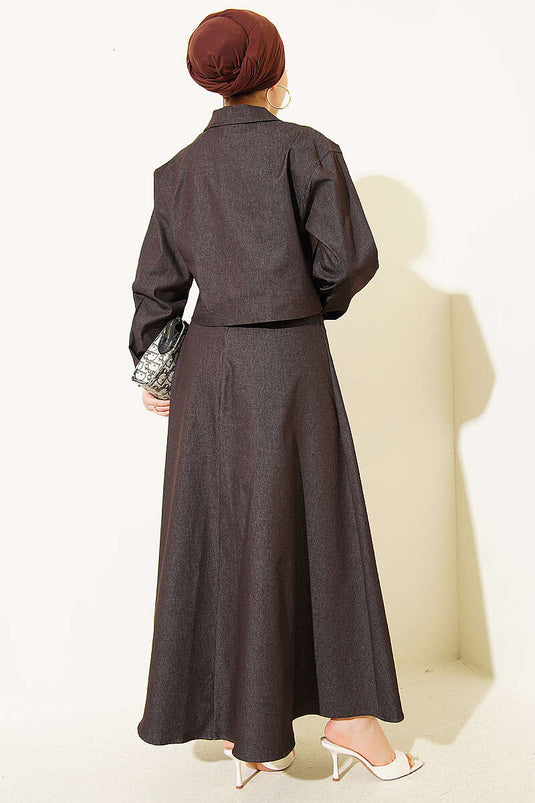 Denim Pinafore Set with Metal Button Jacket Brown