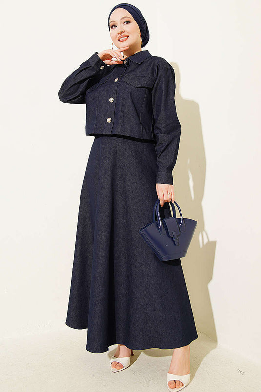 Ensemble salopette en jean avec veste à boutons métalliques bleu marine