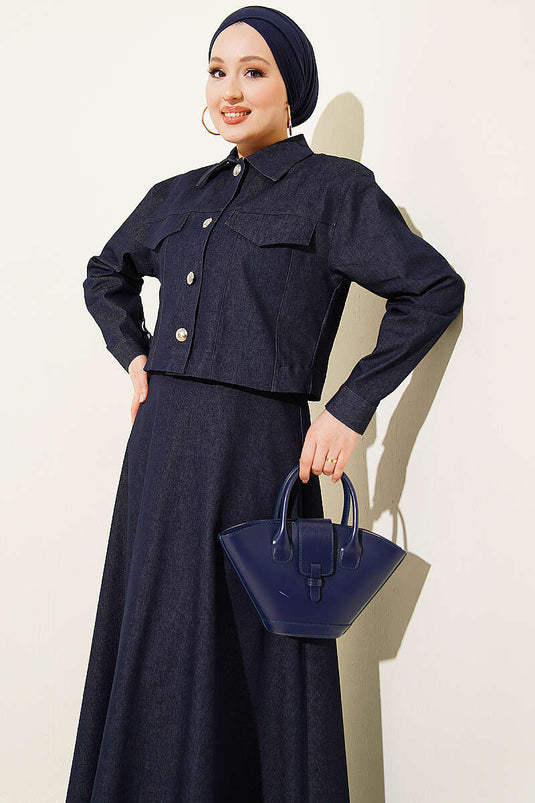 Ensemble salopette en jean avec veste à boutons métalliques bleu marine