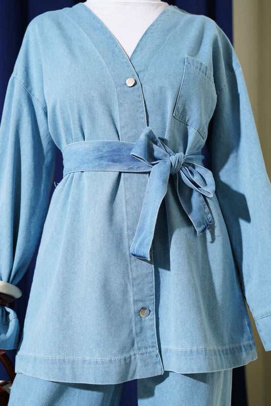 Metal Buttoned Pocket Denim Two Piece Set Light Blue