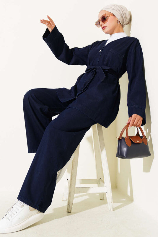 Denim tweedelig pak met metalen knoopzakken, marineblauw