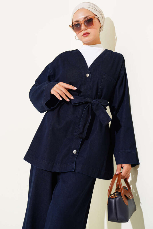 Denim tweedelig pak met metalen knoopzakken, marineblauw