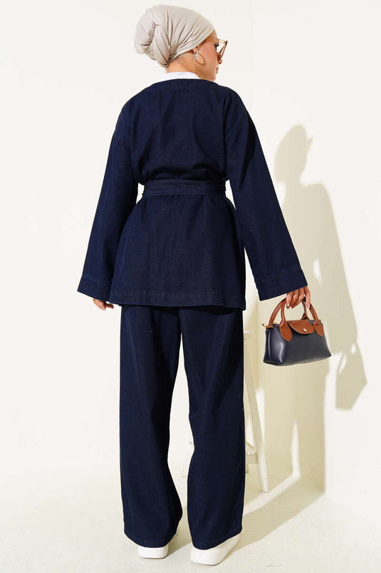 Denim tweedelig pak met metalen knoopzakken, marineblauw