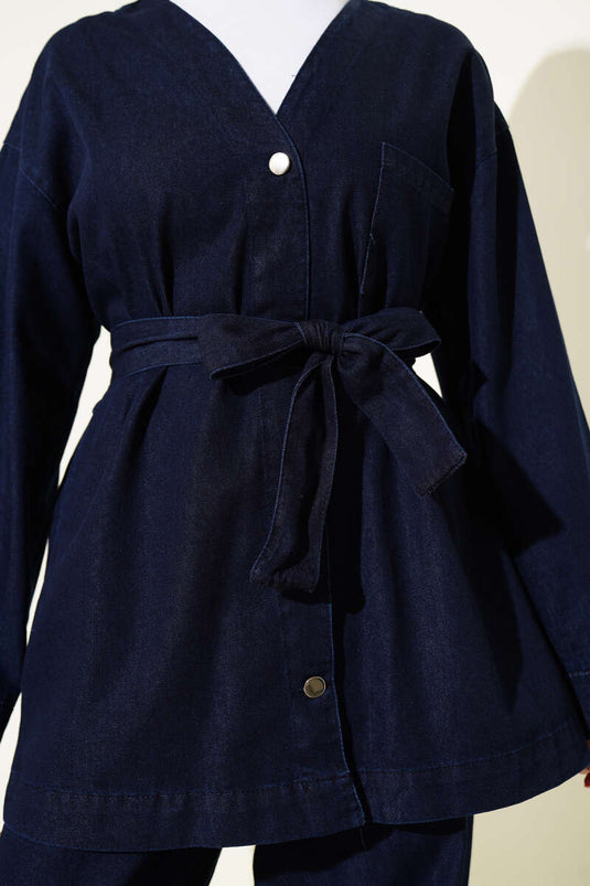 Denim tweedelig pak met metalen knoopzakken, marineblauw