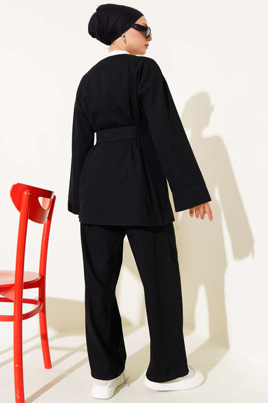 Metal Buttoned Pocket Denim Two Piece Set Black