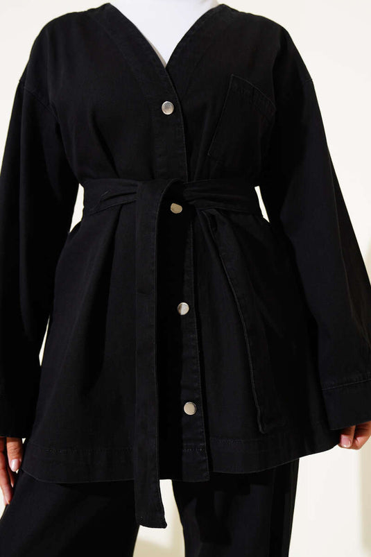 Metal Buttoned Pocket Denim Two Piece Set Black