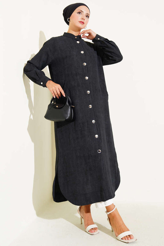Long Shirt with Metal Buttons and Pockets, Black