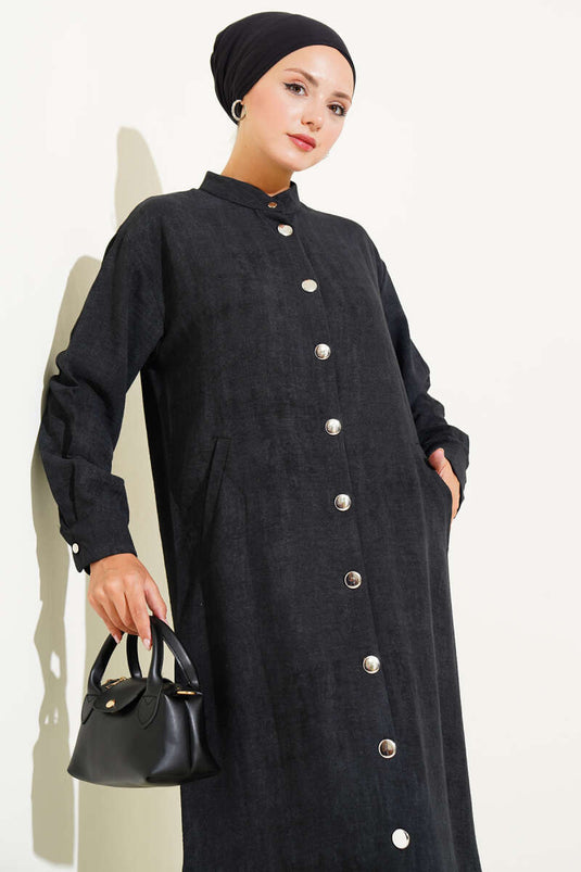 Long Shirt with Metal Buttons and Pockets, Black