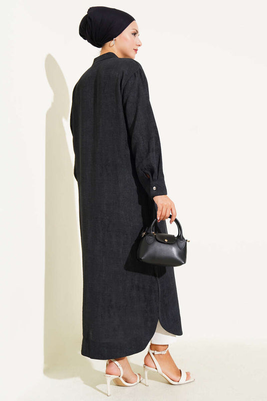 Long Shirt with Metal Buttons and Pockets, Black