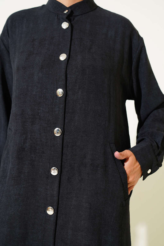 Long Shirt with Metal Buttons and Pockets, Black