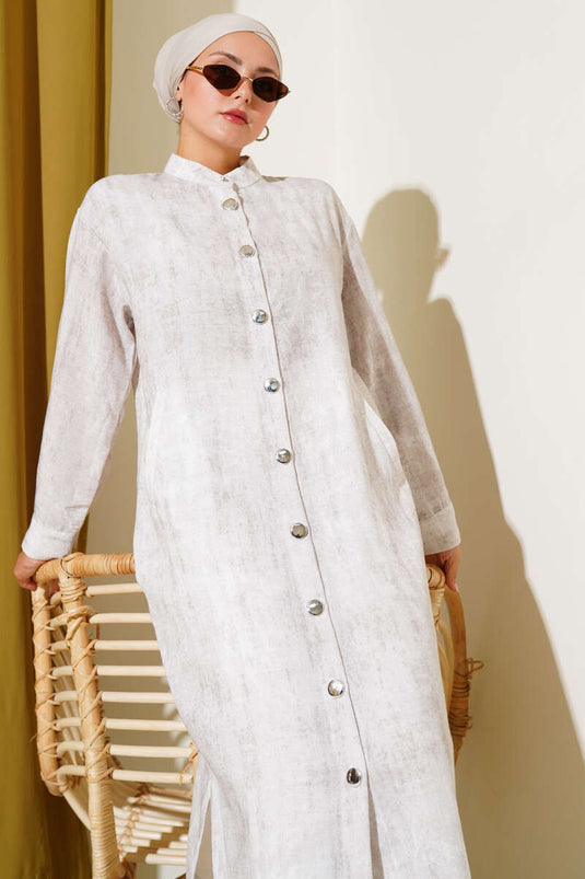 Metal Düğmeli Cepli Uzun Gömlek Taş