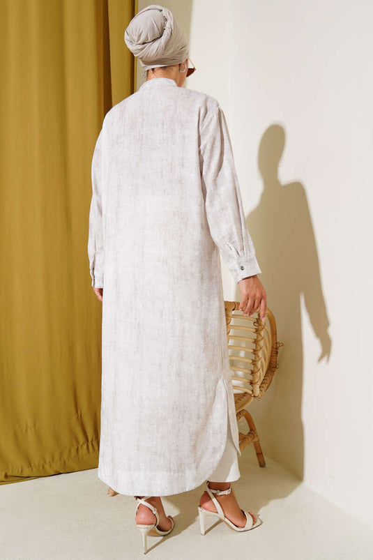 Metal Düğmeli Cepli Uzun Gömlek Taş