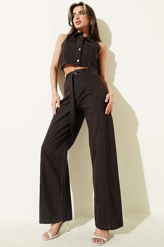 Brown Denim Two-Piece Set with Metal Buttoned Crop Vest